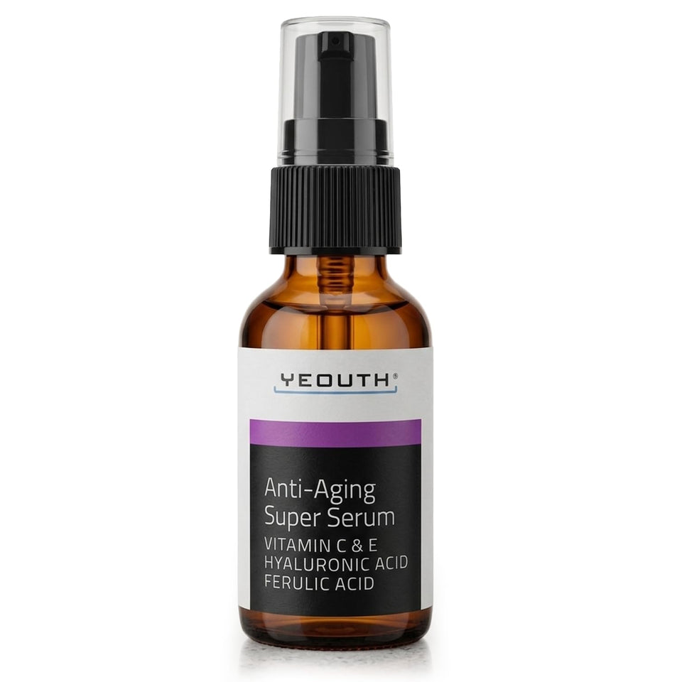 YEOUTH anti-aging serum bottle close-up, premium hydration for dull, dry skin.