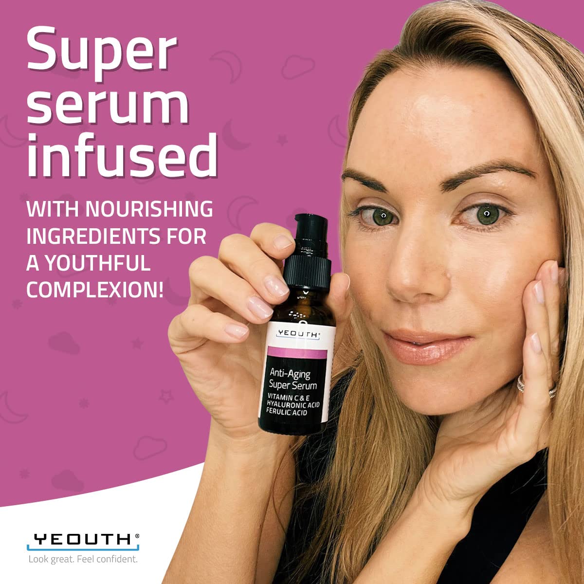 YEOUTH ingredients shot, ferulic acid and vitamin C highlighted.