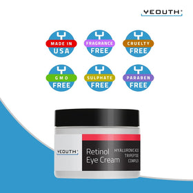 YEOUTH eye cream product label indicating US-made quality