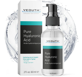 YEOUTH Pure Hyaluronic Acid Serum bottle demonstrates hydrating formula for all skin types.