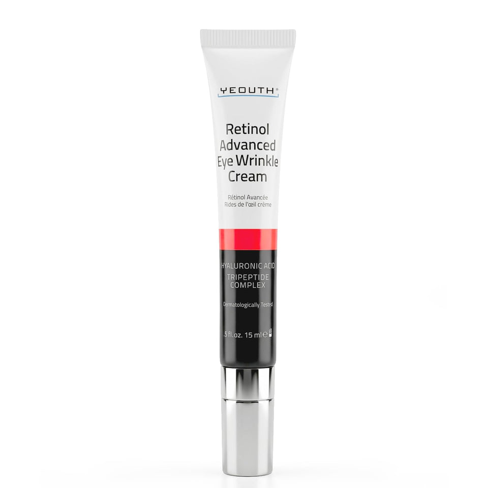 YEOUTH retinol eye cream tube applied to under-eye area for smoother skin.