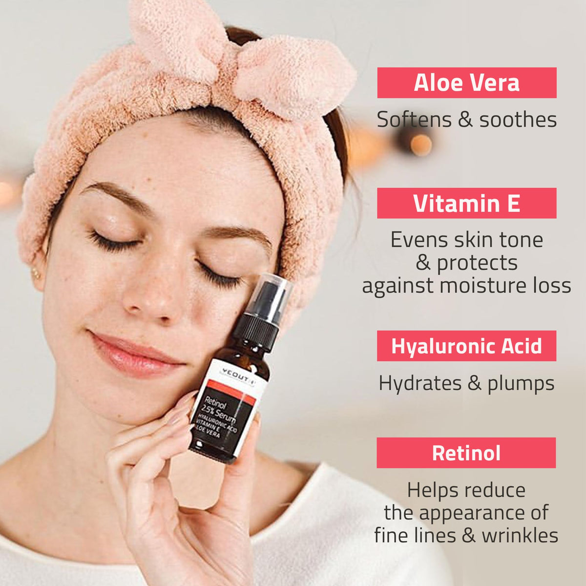 YEOUTH retinol serum label closeup highlights clean dermatology tested formula