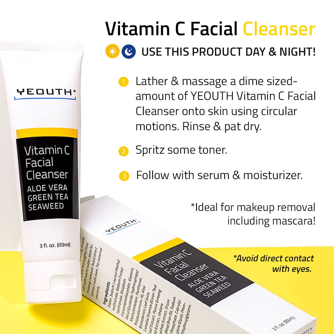 YEOUTH Vitamin C Cleanser travel icons highlighting green tea and seaweed