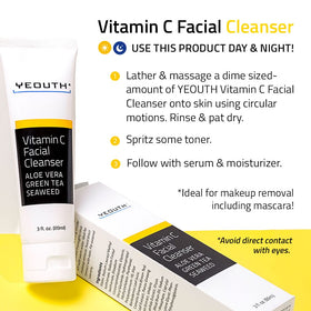 YEOUTH Vitamin C Cleanser travel icons highlighting green tea and seaweed