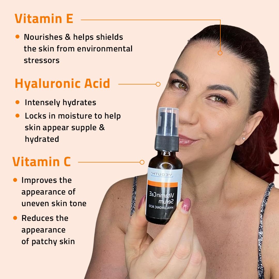 YEOUTH Vitamin C Serum with Hyaluronic Acid branding signals hydration-boosting formula