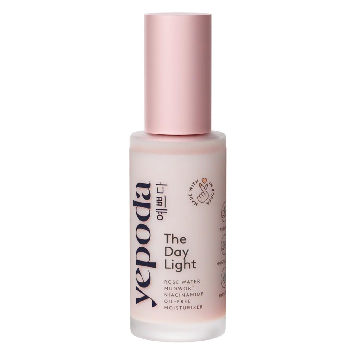 Yepoda The Day Light bottle front view showcases oil free hydration for all skin types.