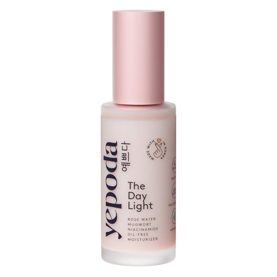 Yepoda The Day Light bottle front view showcases oil free hydration for all skin types.