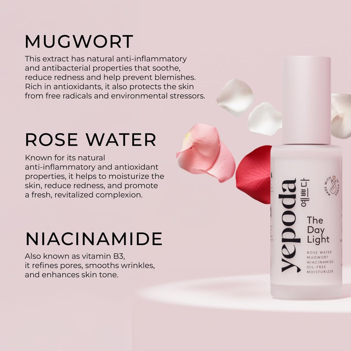 Yepoda The Day Light hyaluronic acid presence indicates deep hydration without grease.