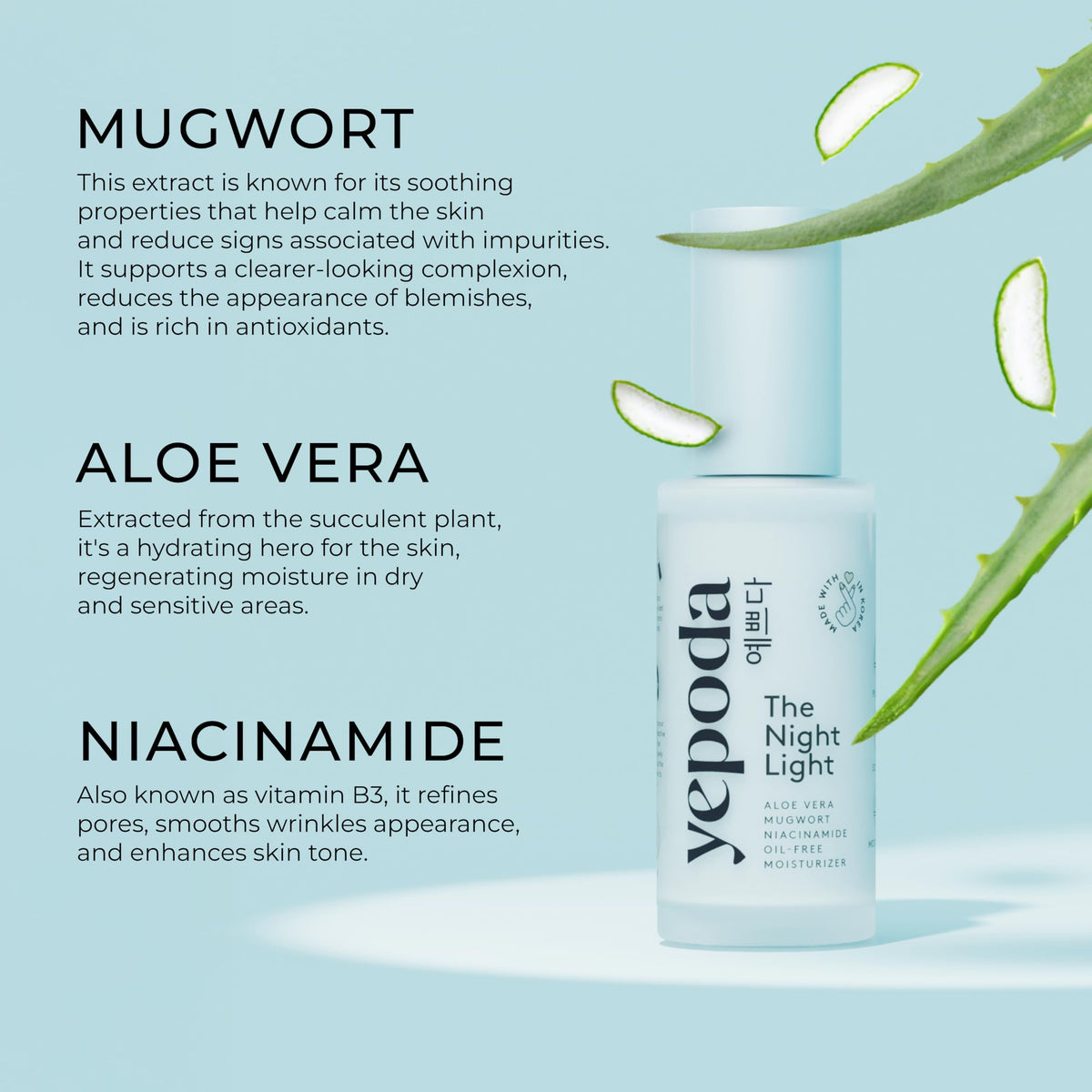 Yepoda Glass bottle packaging highlights eco-friendly, recyclable design.