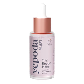 Yepoda Repair Hero Probiotic Niacinamide Serum bottle highlights hydration for all skin types.