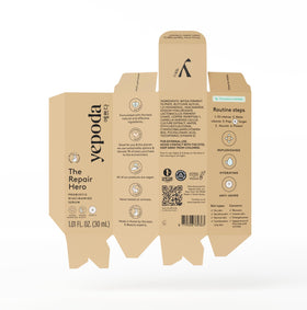 Packaging of Yepoda Repair Hero Probiotic Niacinamide Serum with recyclable glass and vegan refillable design.