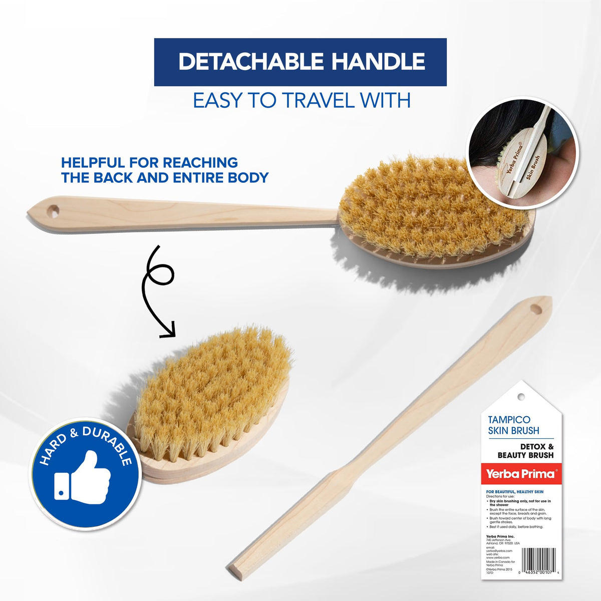 Yerba Prima Tampico Skin Brush with long detachable handle reaches the back effectively