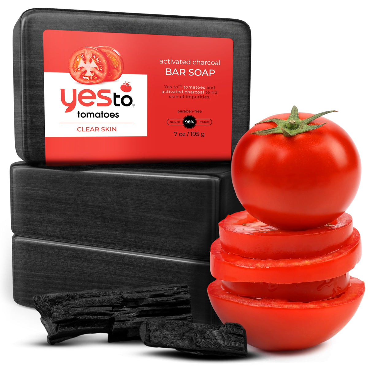 Yes To Tomatoes charcoal bar soap closeup showing texture and detox cleanse for pores