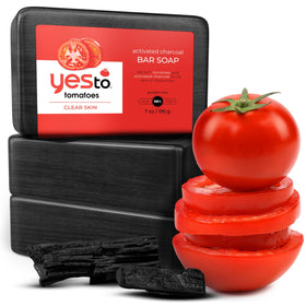 Yes To Tomatoes charcoal bar soap closeup showing texture and detox cleanse for pores