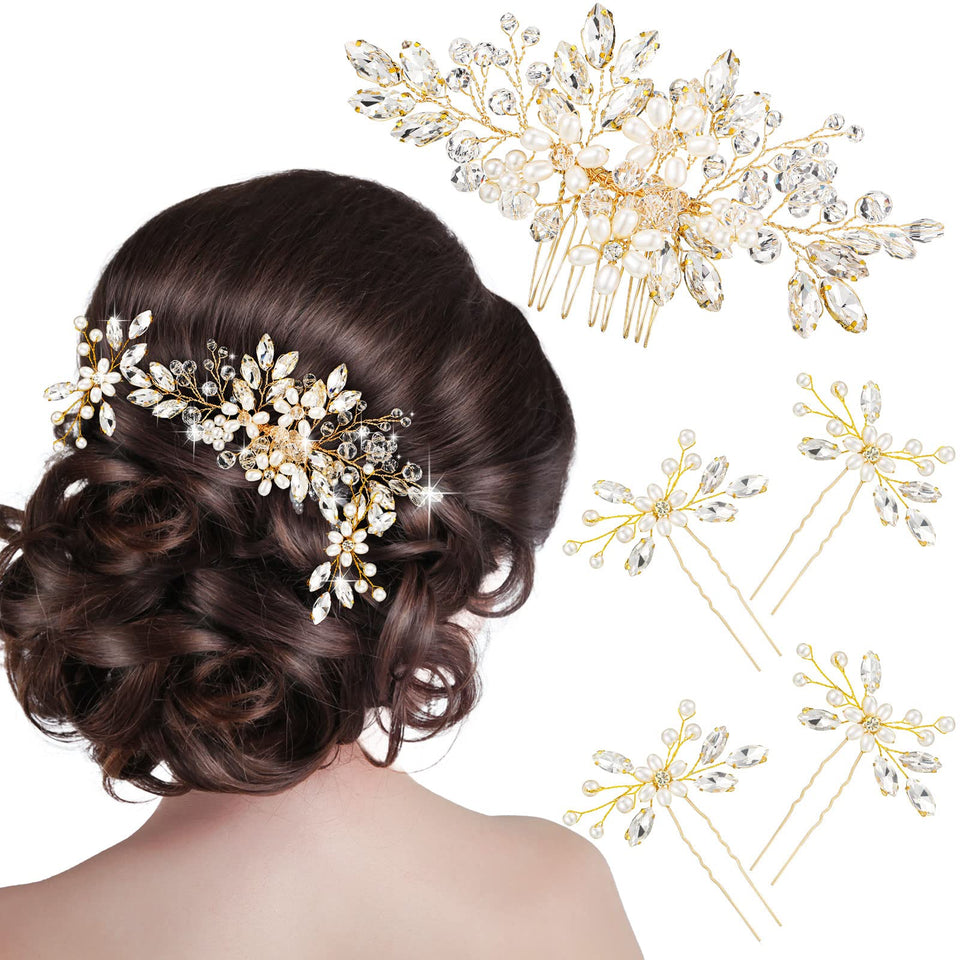 Yeshone crystal pearl hair comb sparkles in a bridal updo