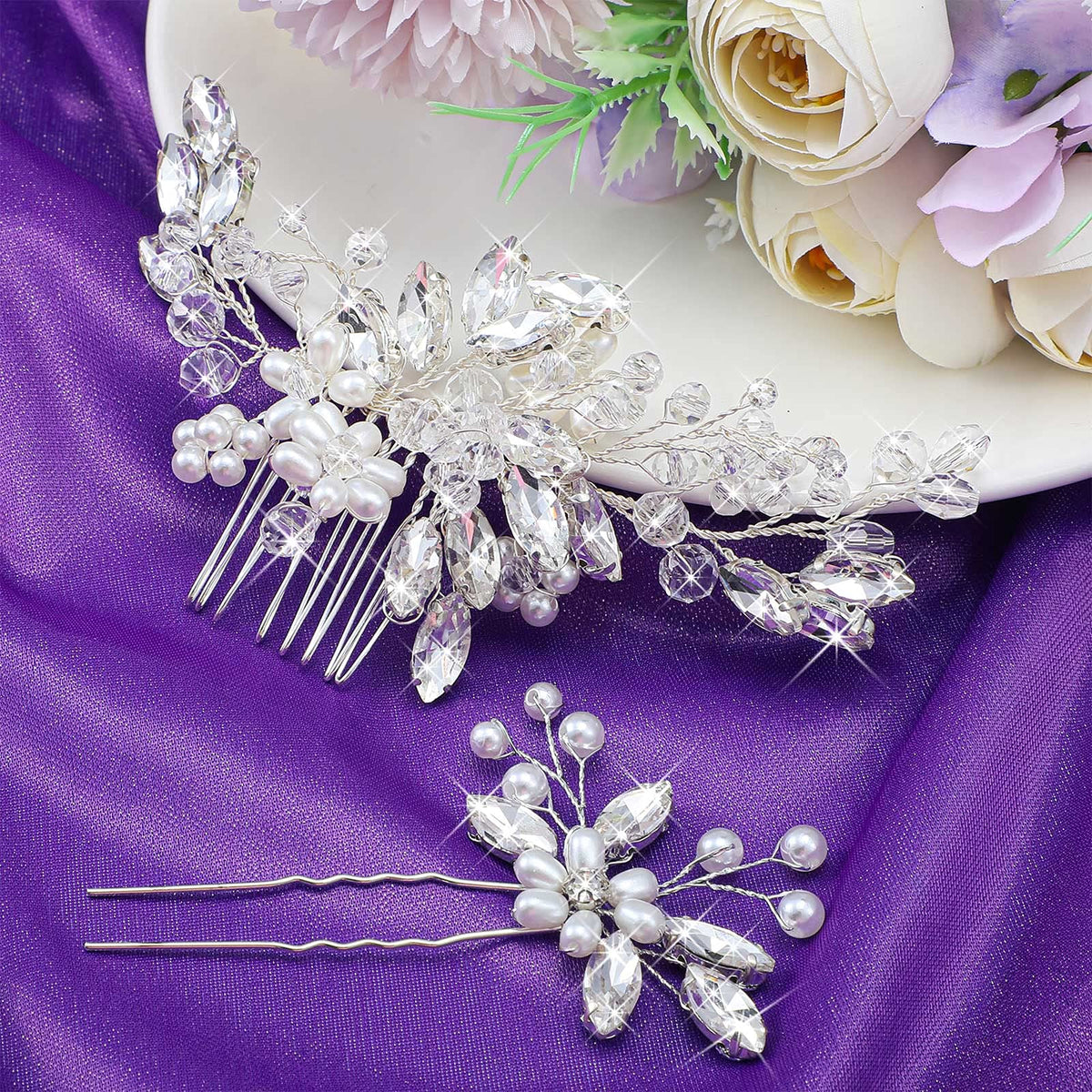 Yeshone silver-tone wedding hair ornament catches light for a refined look.