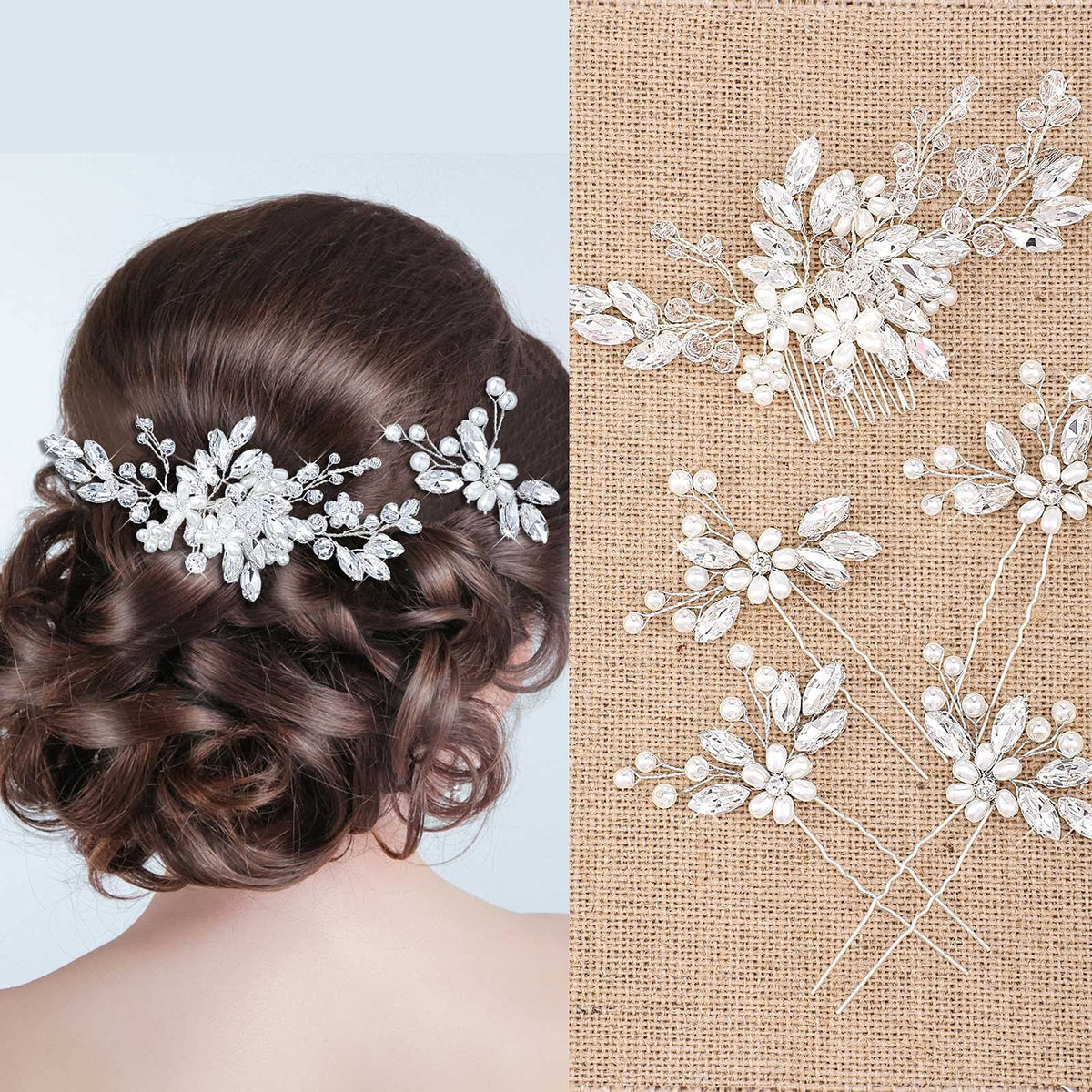 Yeshone crystal pearl wedding hair comb adds radiant bridal sparkle.