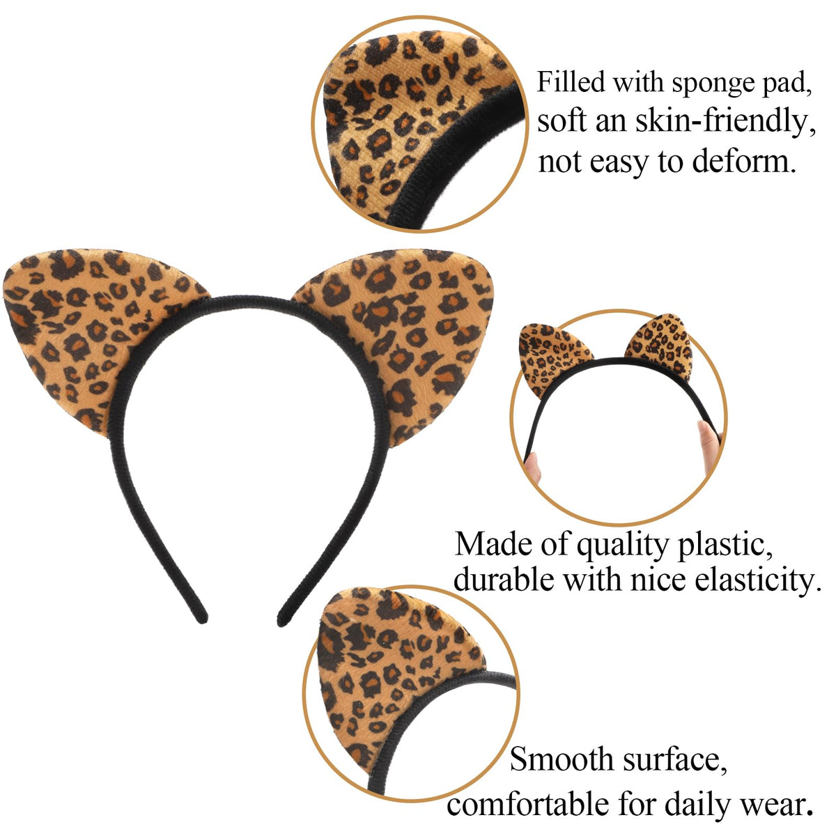 Yesland cheetah ears headband close-up of fabric and fluffy texture.