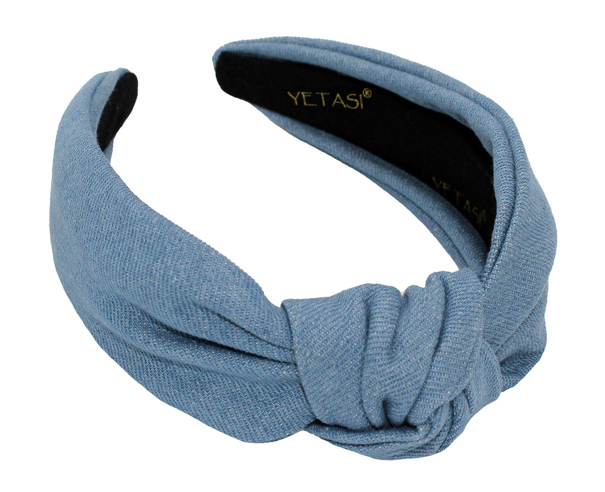 YETASI denim light blue headband closeup showing soft texture for comfortable wear