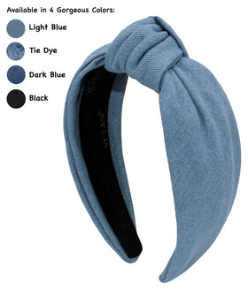 YETASI denim light blue headband on model paired with casual outfit