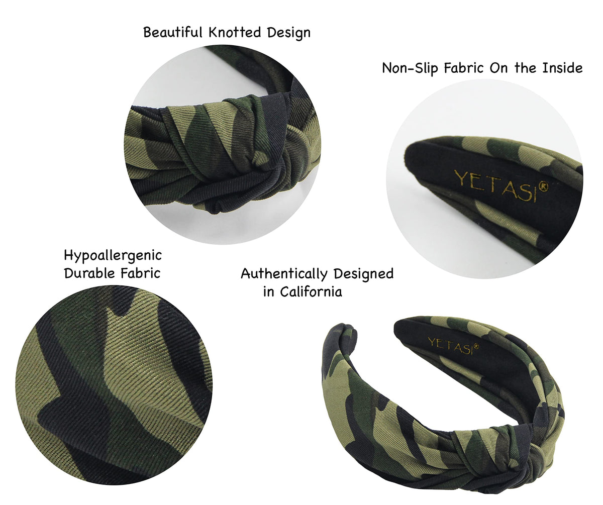 Yetasi top knot headband in green camo for versatile styling
