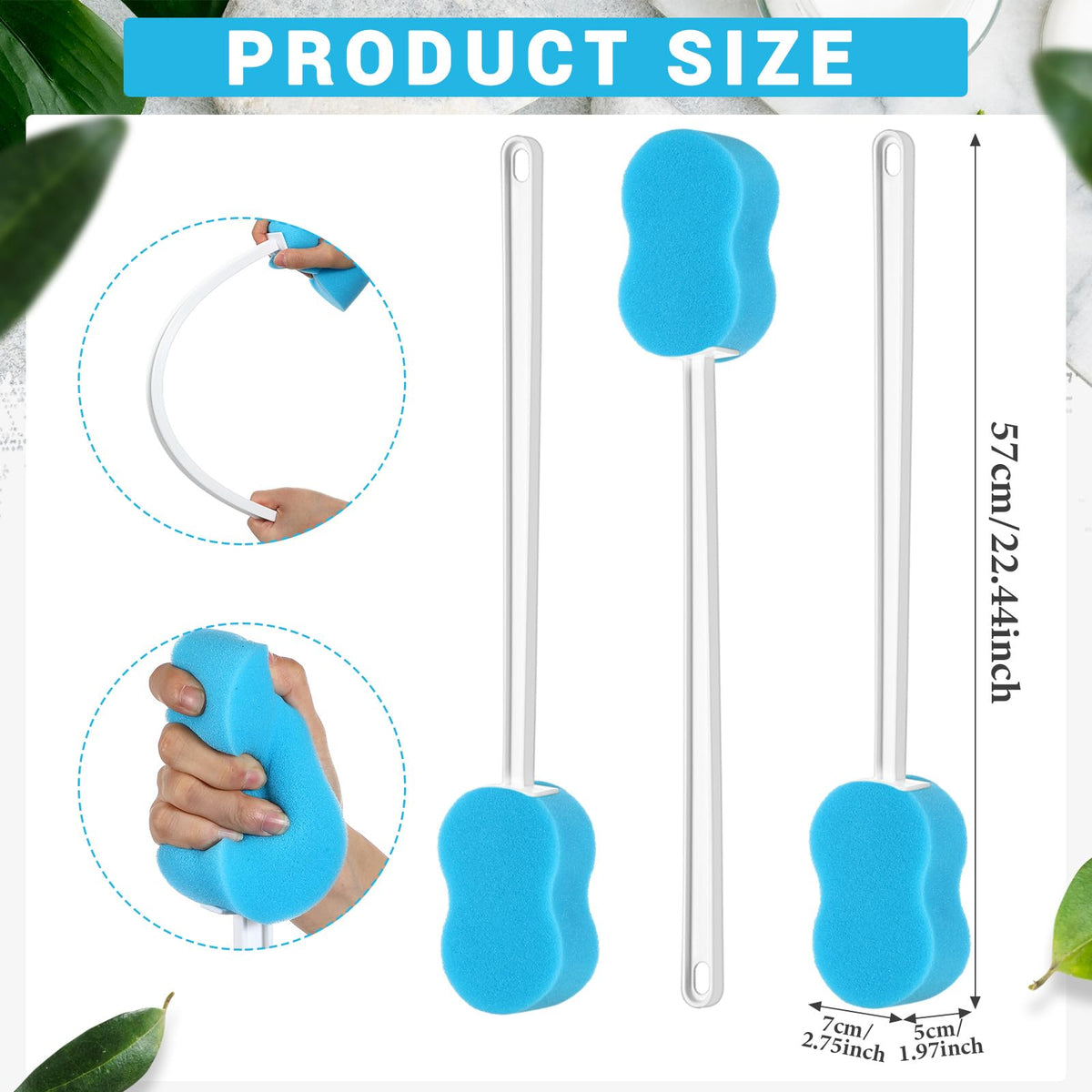 Yetene back scrubber with 2.8-inch wide sponge head for thorough cleansing.