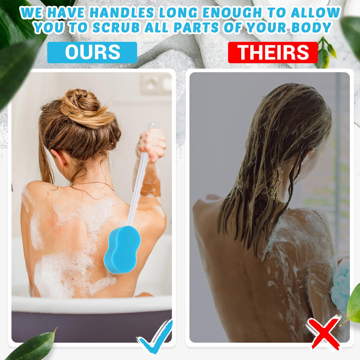 Yetene extended-reach shower scrubber for comfortable daily bathing.
