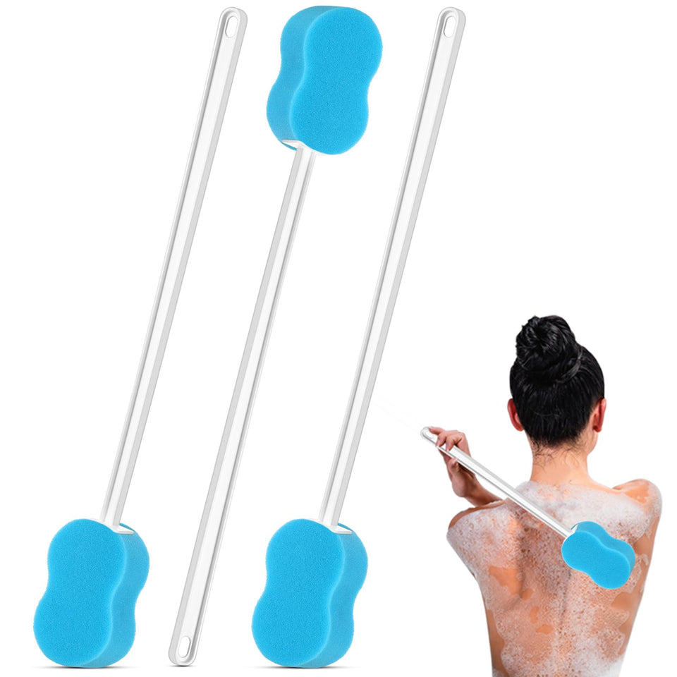 Yetene long-handle bath sponge in blue with white handle for easy back cleaning.