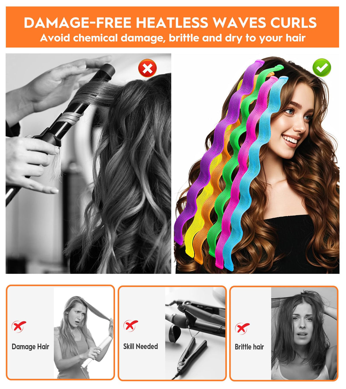 YEVYO heatless curlers blue pack enables creating soft waves with no heat damage