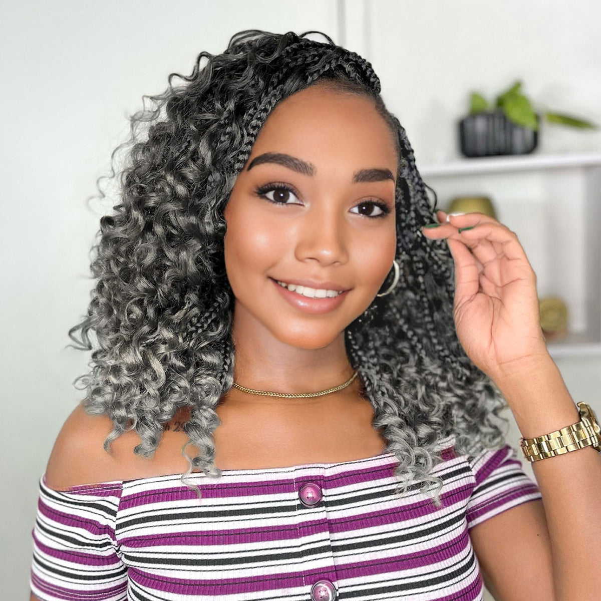 YEWELL Goddess Box Braids TGrey front view, lightweight and natural.
