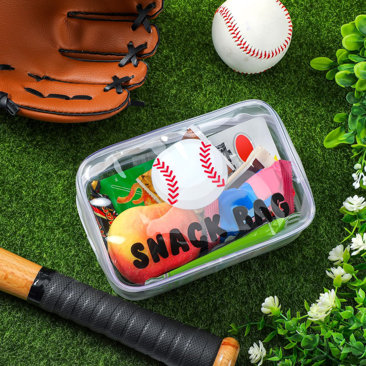 Yeyeplum baseball snack bags side view, clear PVC shows contents for quick viewing.