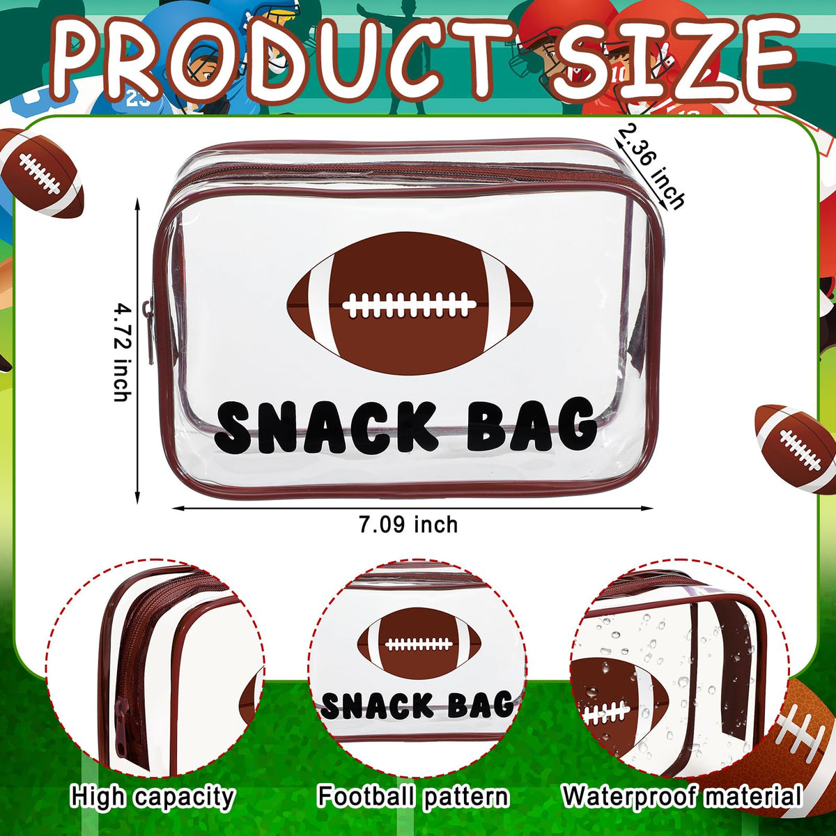 Yeyeplum football snack bags zipper closeup for secure seal at events