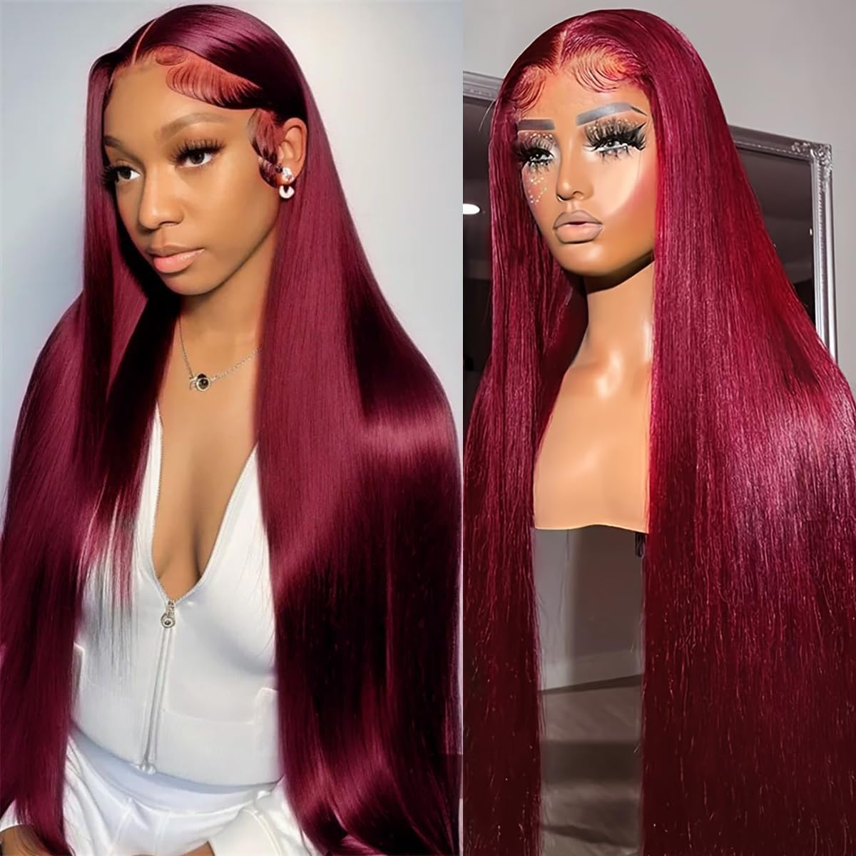 YFFSSJFC 32in burgundy lace front wig with natural shine for daily wear.
