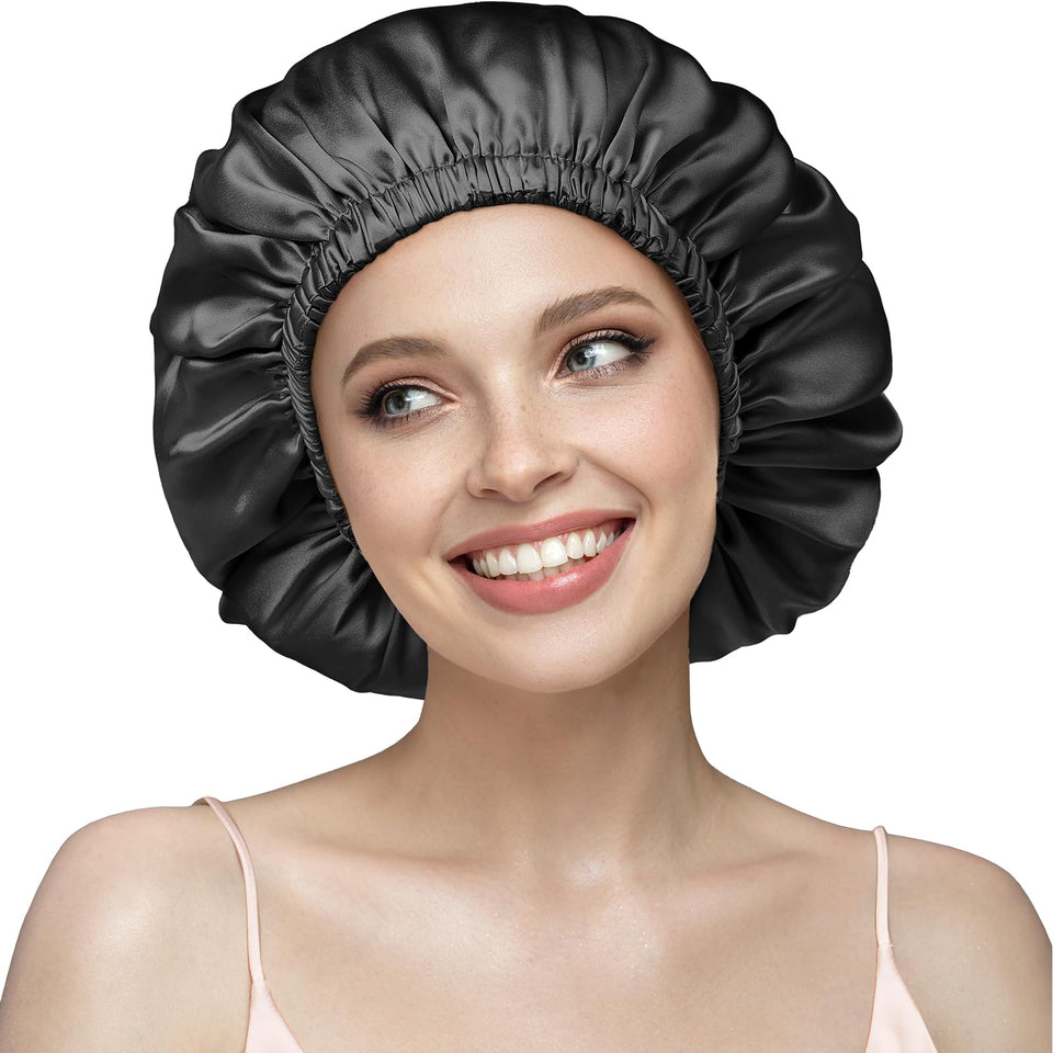 YFONG double-layered silk bonnet with 12-inch diameter stays on overnight, reducing frizz.