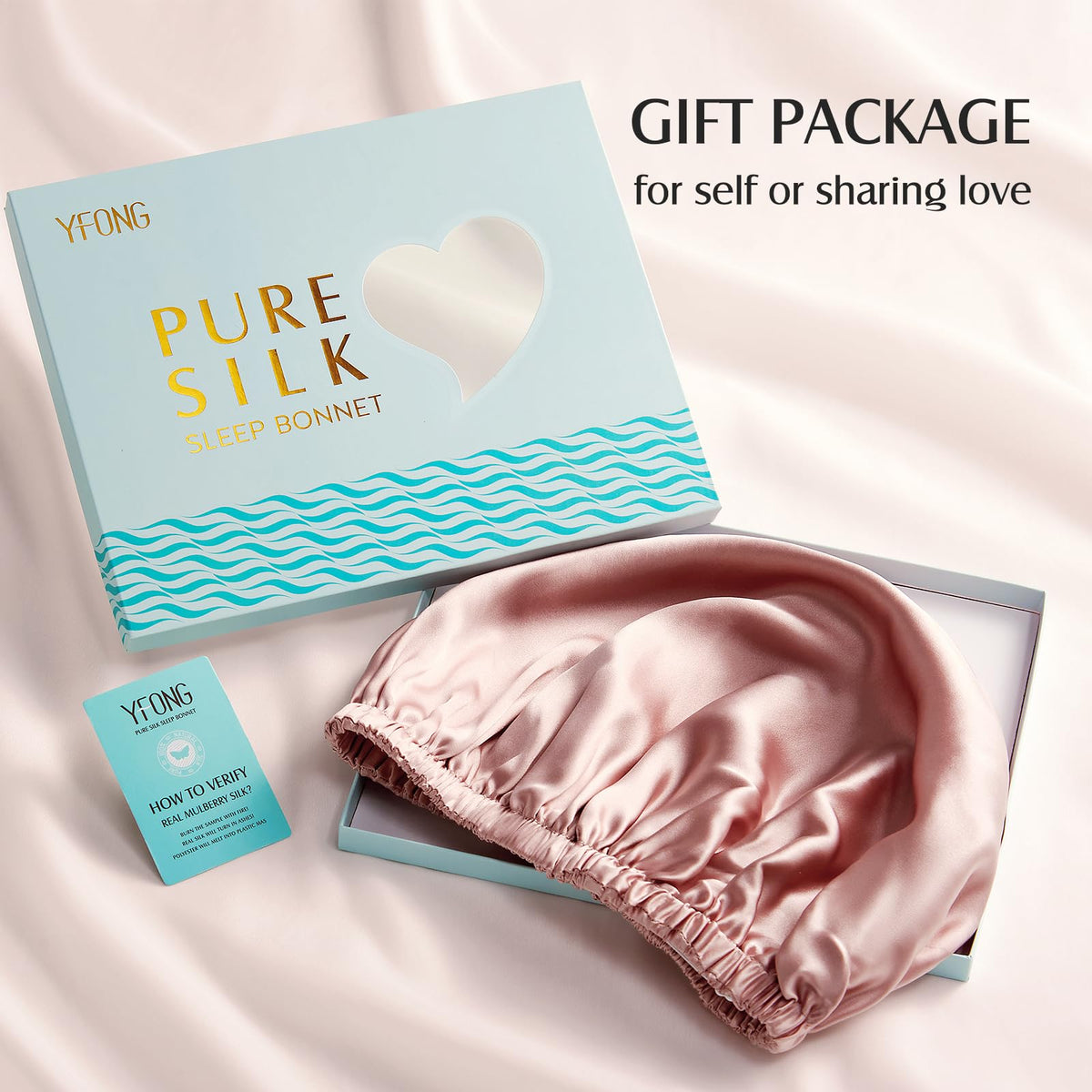 YFONG gift-box packaging for the pink silk bonnet, ideal for gifting