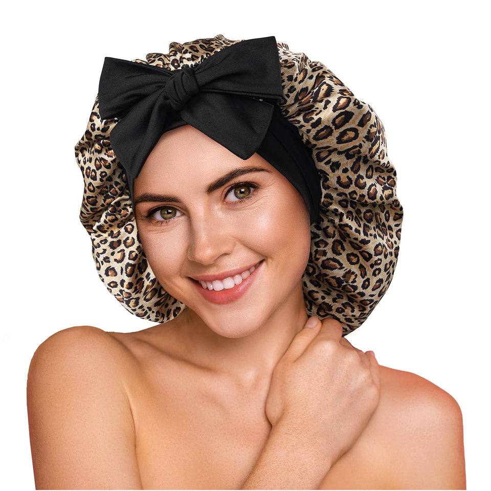YFONG leopard silk bonnet close-up shows double-layer Mulberry silk for gentle hair care