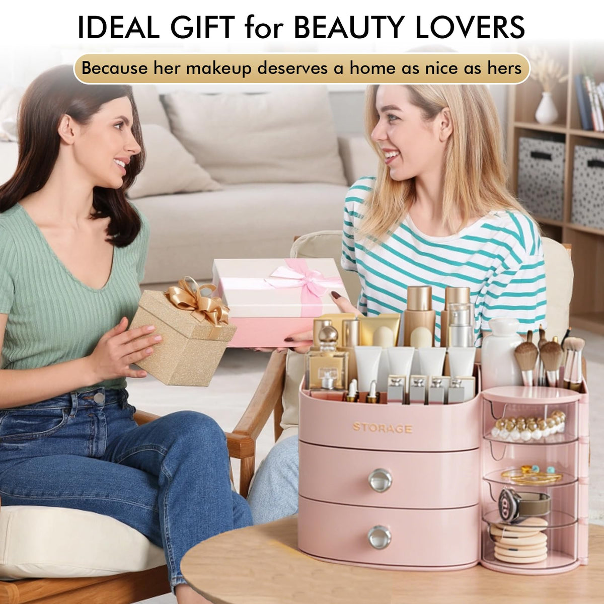YGJT makeup organizer pink complements bedroom and bathroom decor.