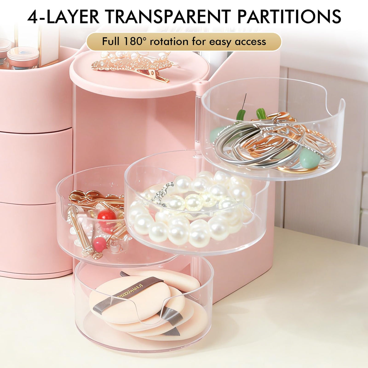 YGJT jewelry and earrings organizer pink adds neat display on vanity.