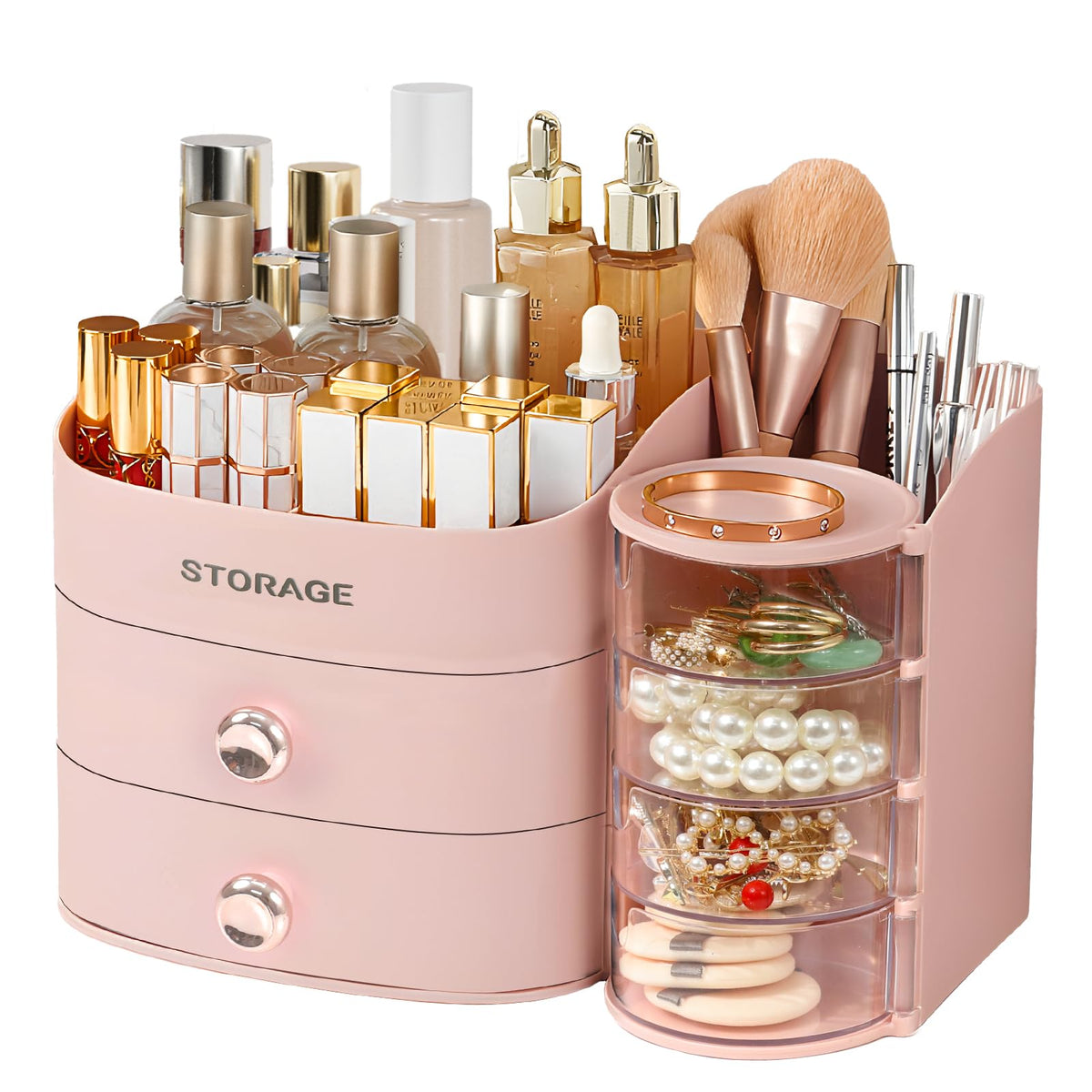 YGJT makeup organizer countertop drawers pink keeps cosmetics neatly stored and accessible.