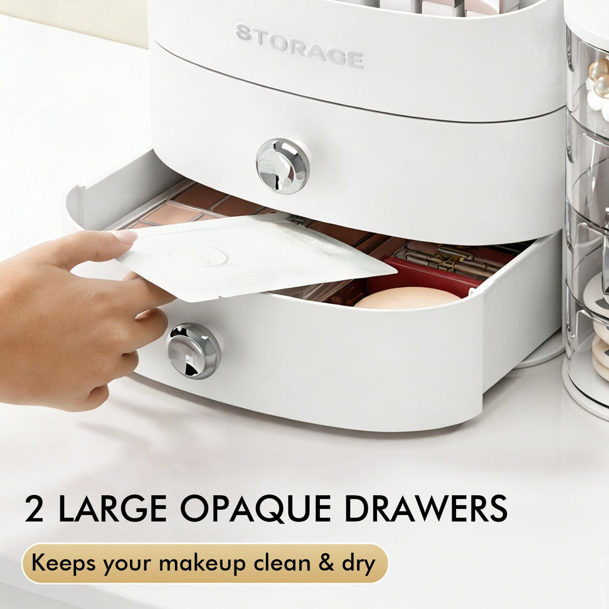 YGJT makeup organizer drawer detail demonstrates smooth slides and generous space.