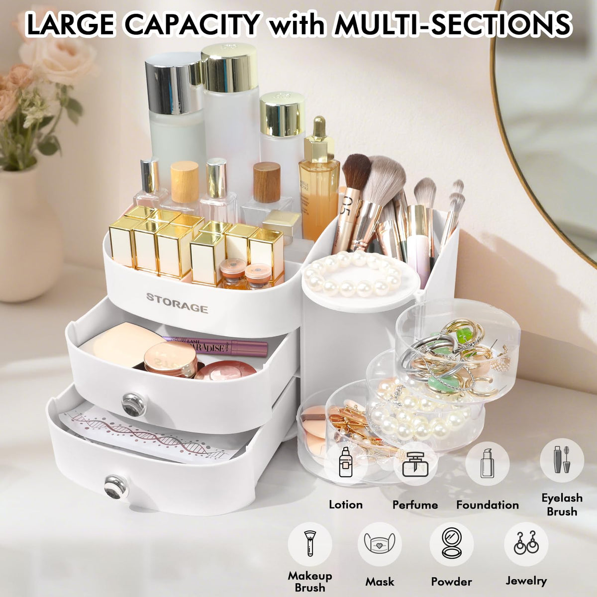 YGJT makeup organizer front view shows an organized vanity ready for daily routines.
