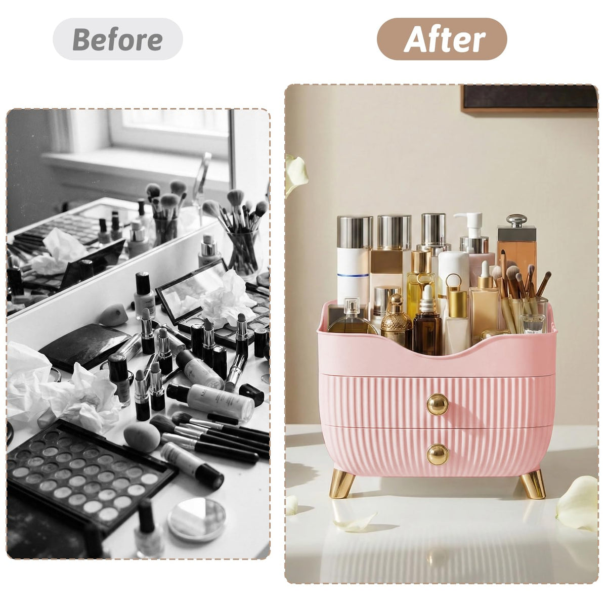 YGJT makeup organizer with gold drawer handle and pink accent