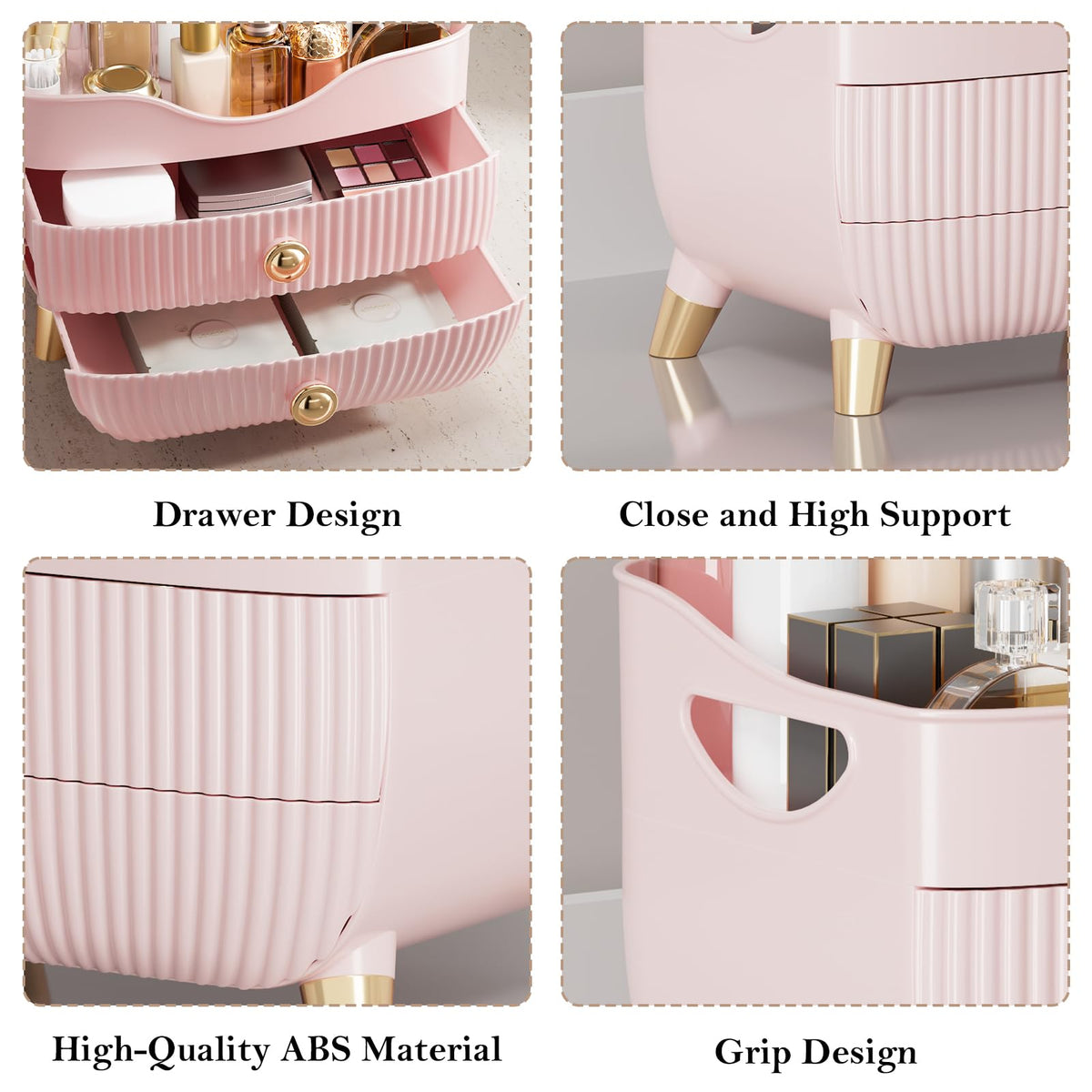 YGJT makeup organizer with rounded edges in pink finish