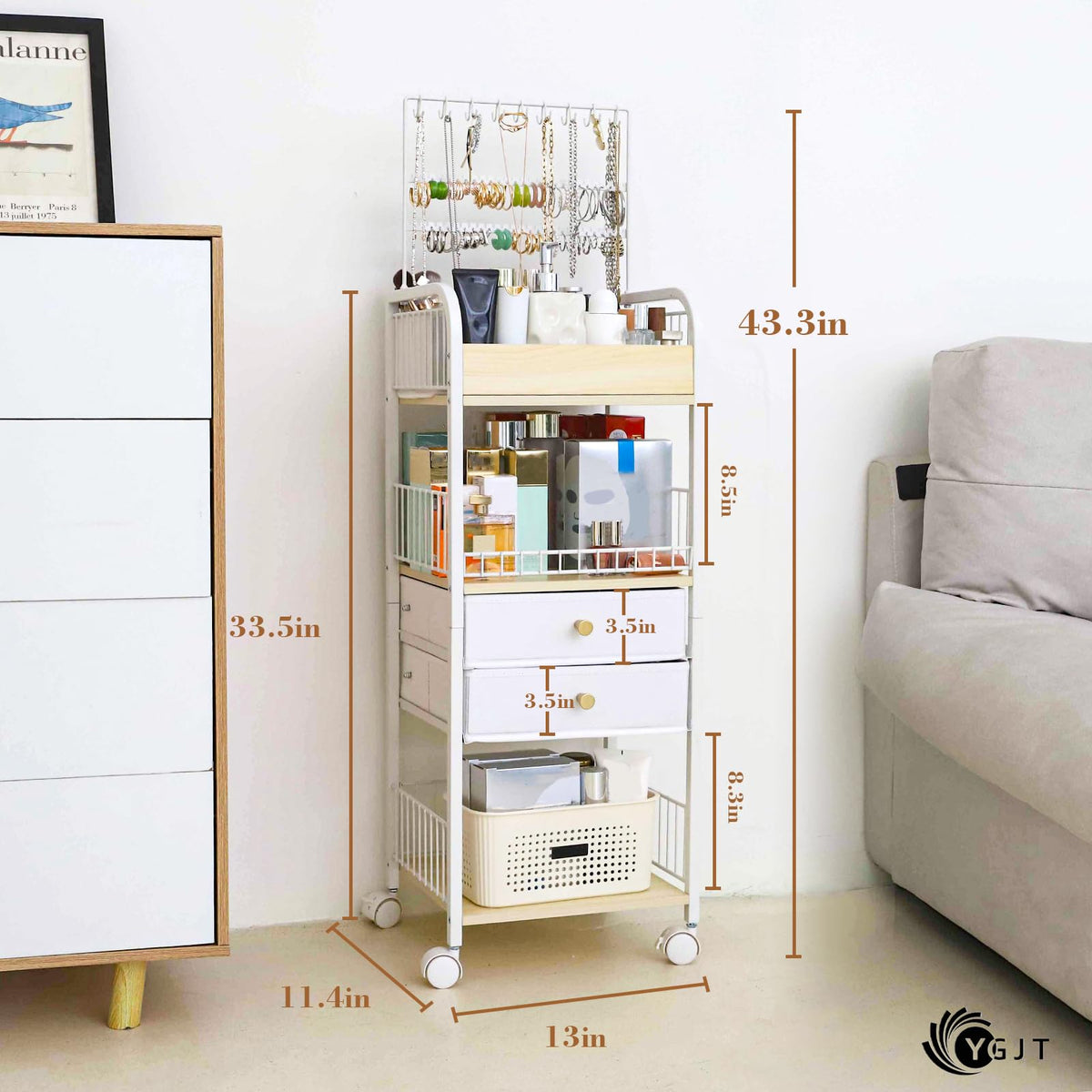 YGJT skincare storage tower with open middle shelf for full-size cleansers and toners