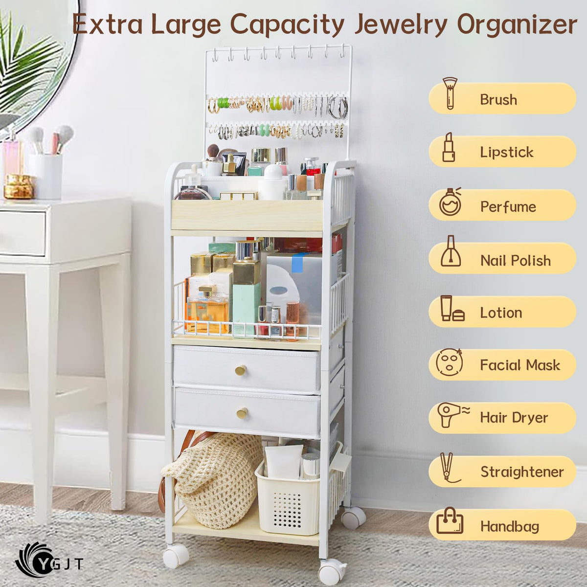 YGJT vanity organizer includes removable fabric box for flexible small item storage