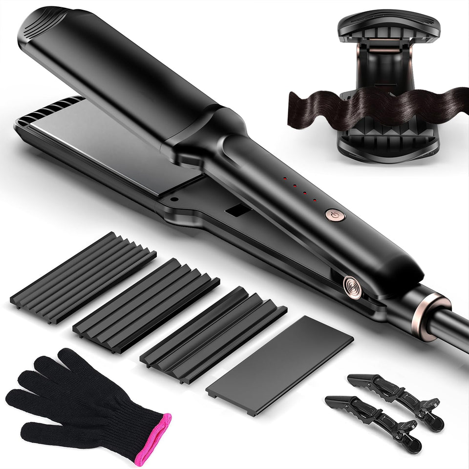 YGOVVK Hair Crimper Waver with 4-in-1 plates for versatile zigzag waves and smooth shine.
