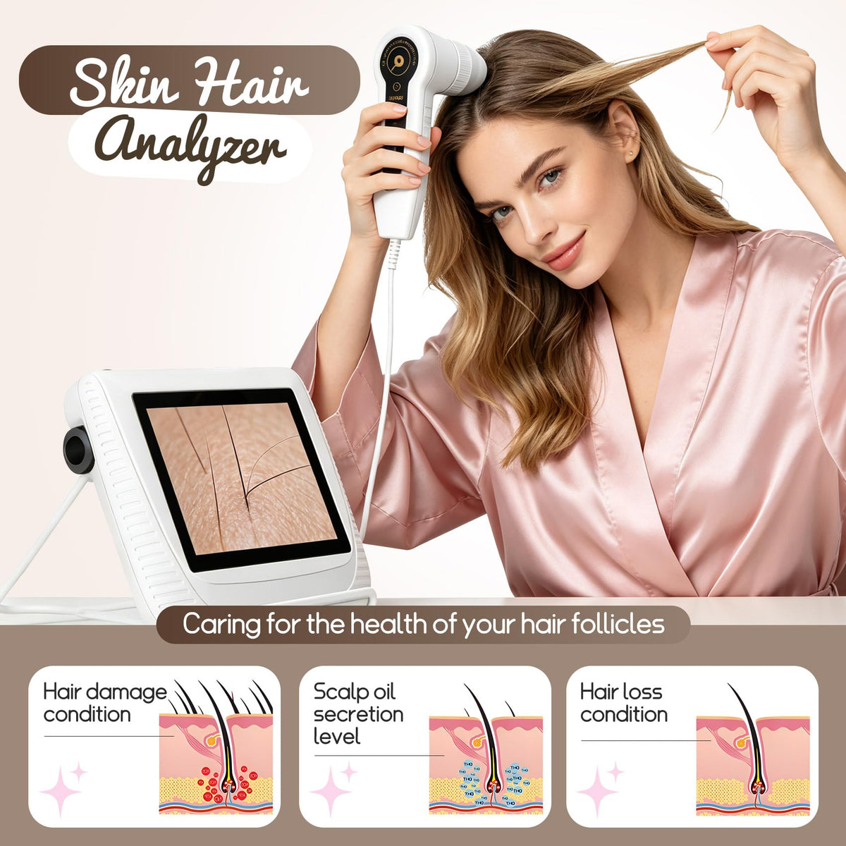 Yhaofu Skin Hair Analyzer 200x hair test reveals follicles condition to guide treatments.