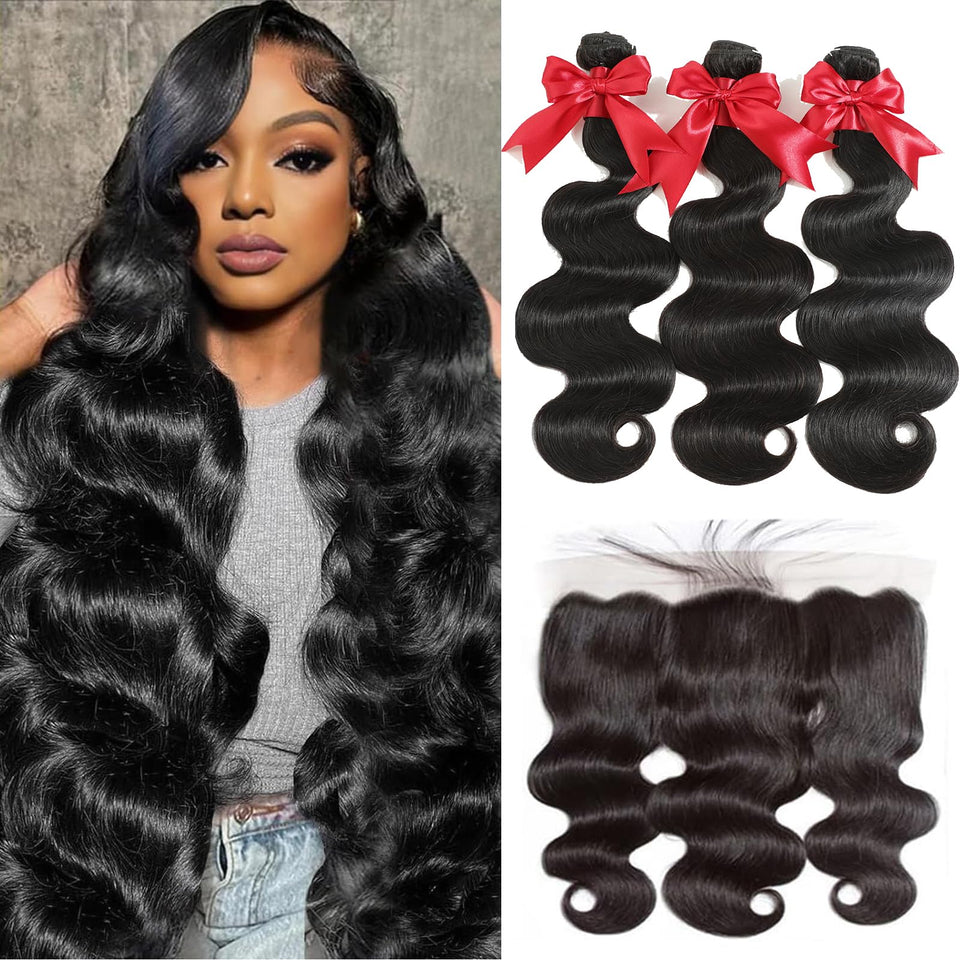 YIBUSI 12A Brazilian body wave bundles with frontal for natural sew-in look and easy styling.