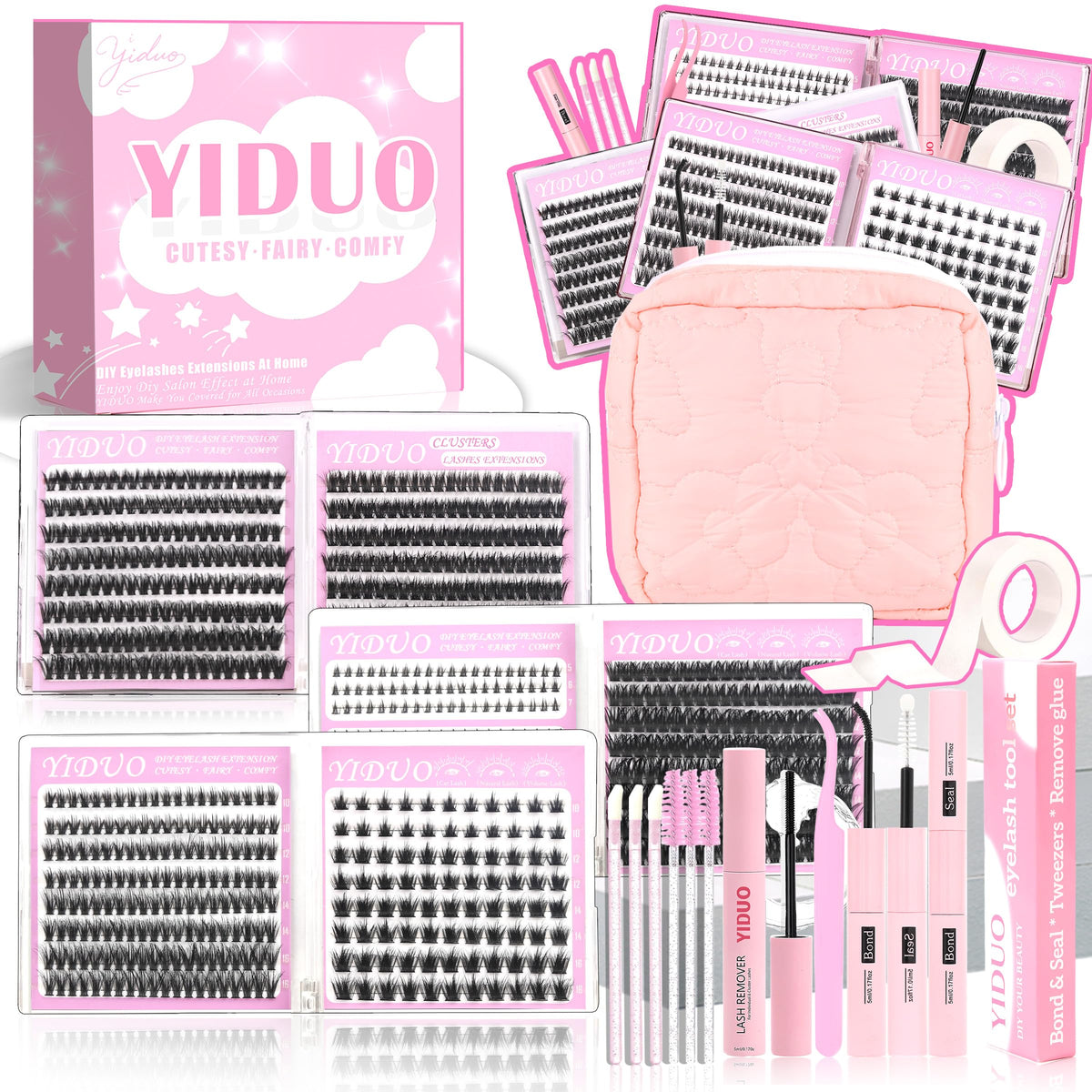 YIDUO lash clusters kit front view in a portable bag for on-the-go styling.