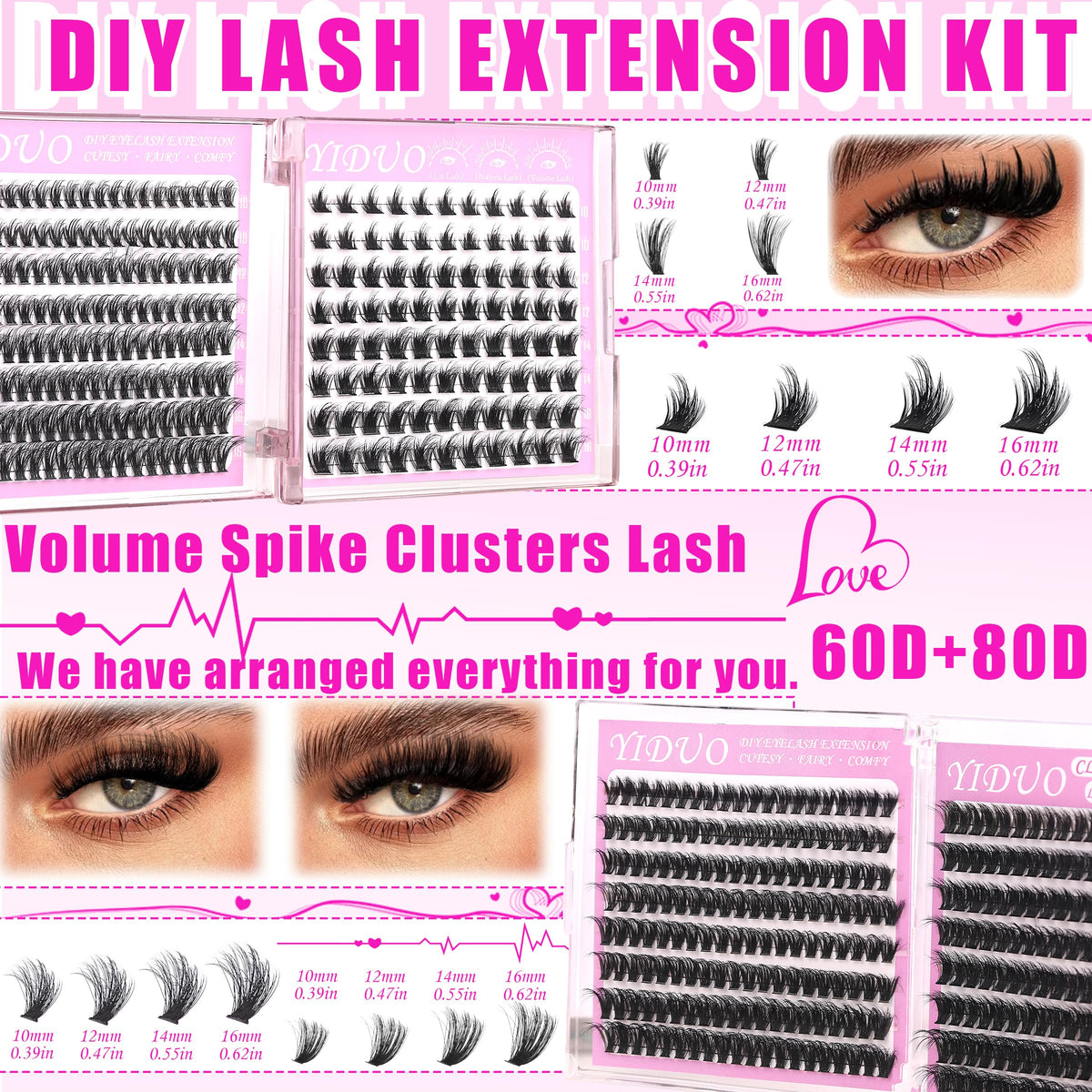 YIDUO 6 styles lash clusters displayed for versatile daily looks.